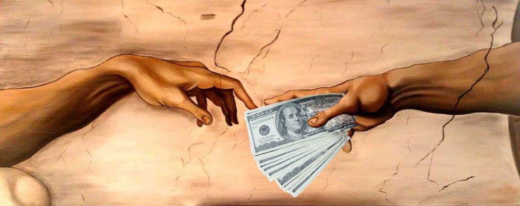 Le mani della "Creazione di Adamo" di Michelangelo si scambiano denaro