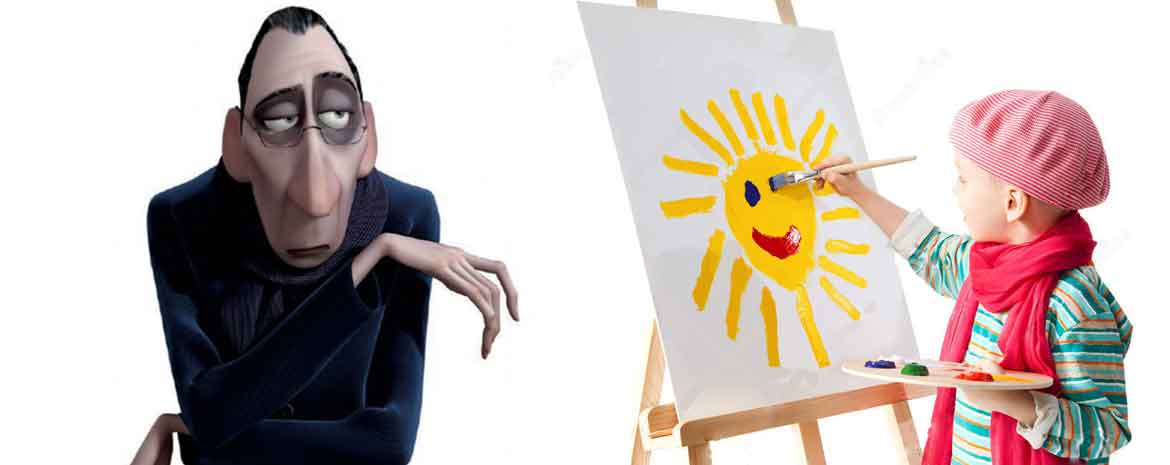 Un bimbo disegna sotto lo sguardo severo di un critico