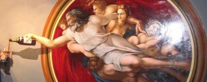 Il Dio della creazione di Michelangelo che versa un bicchiere di vino